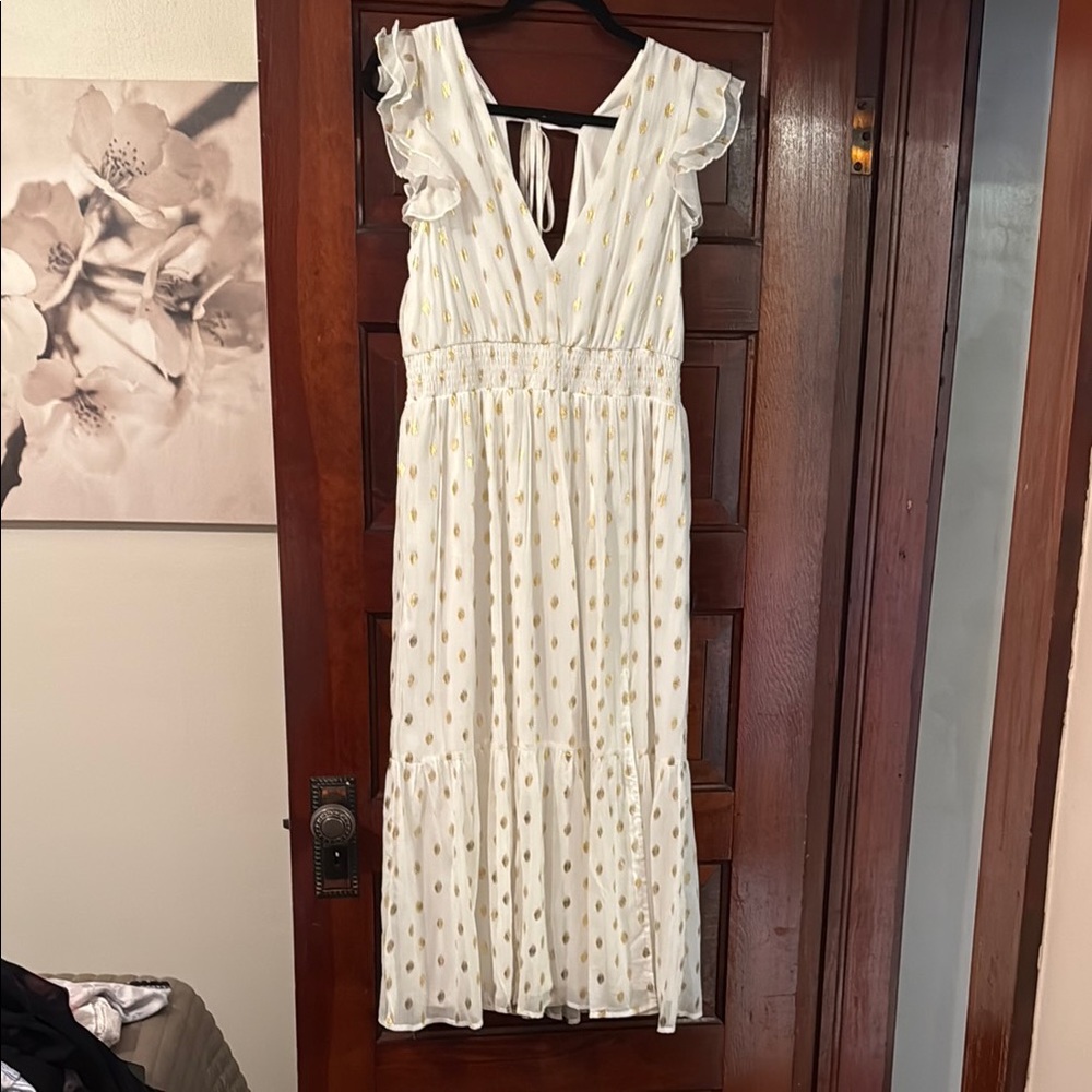 Lulu's White Plunge Neck Flutter Sleeve Maxi Dress